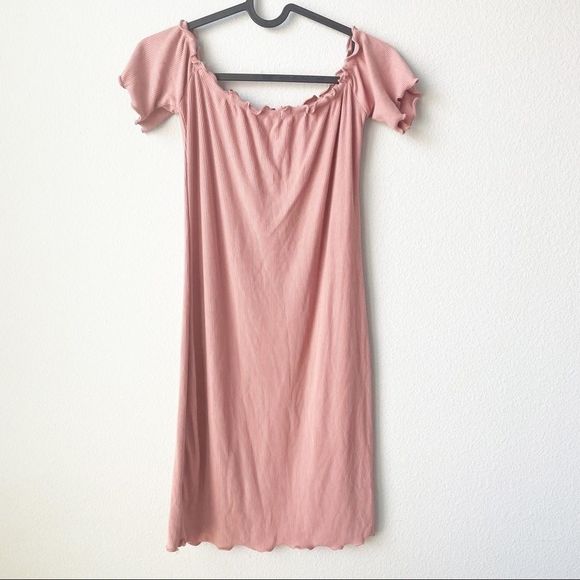 Heart & Hips | Off the shoulders Ribbed Mini Dress Lettuce Trim- Pink - Picture 2 of 4